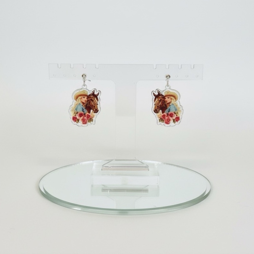 Dolly Parton Cowgirl Horse and Flowers Floral Resin Glitter Drop Earrings